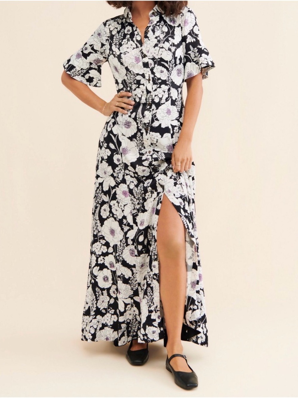 Anthropologie Black Floral Button-Front Maxi Dress with Lavender Accents